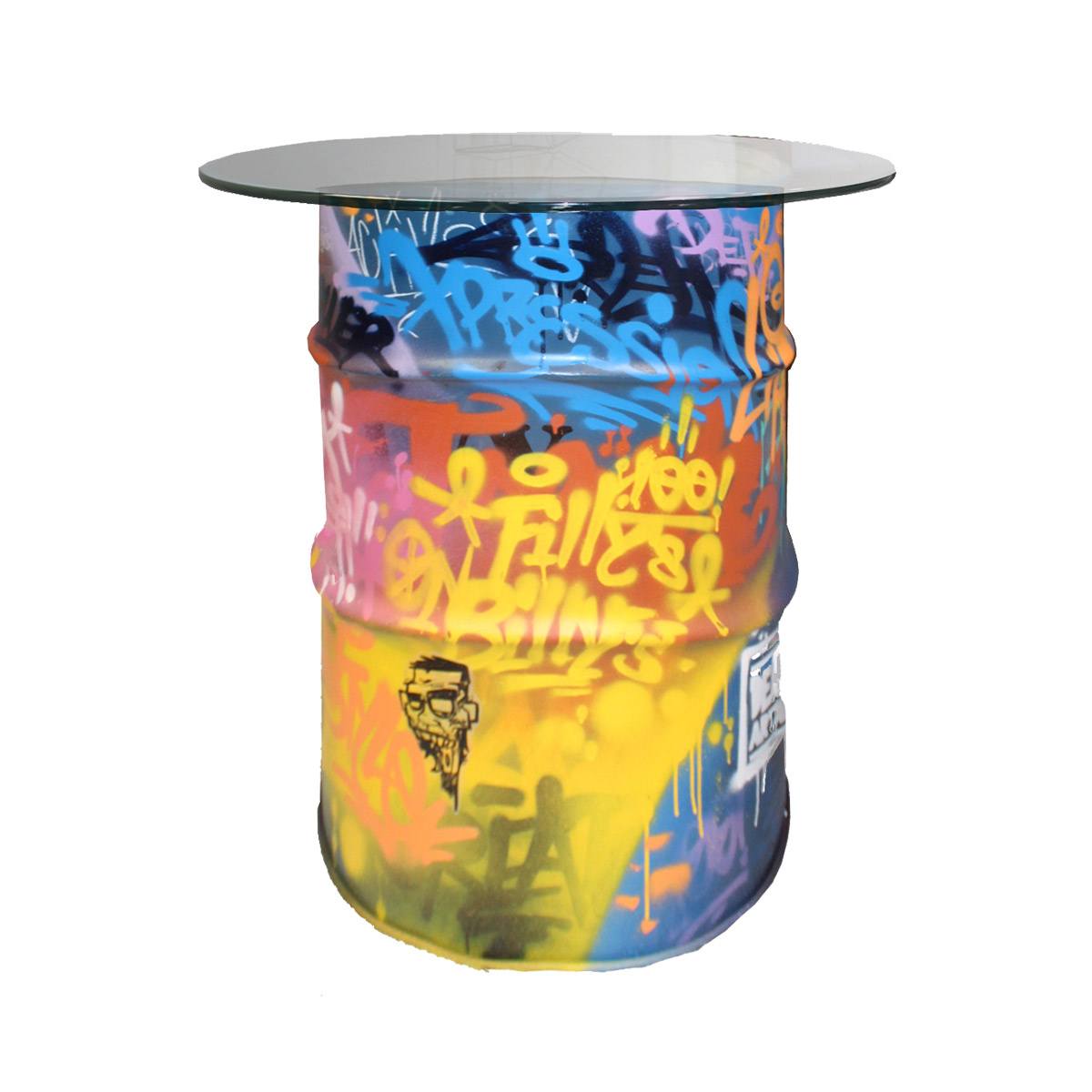 Graffiti Oil Drum Highboy with Glass Top